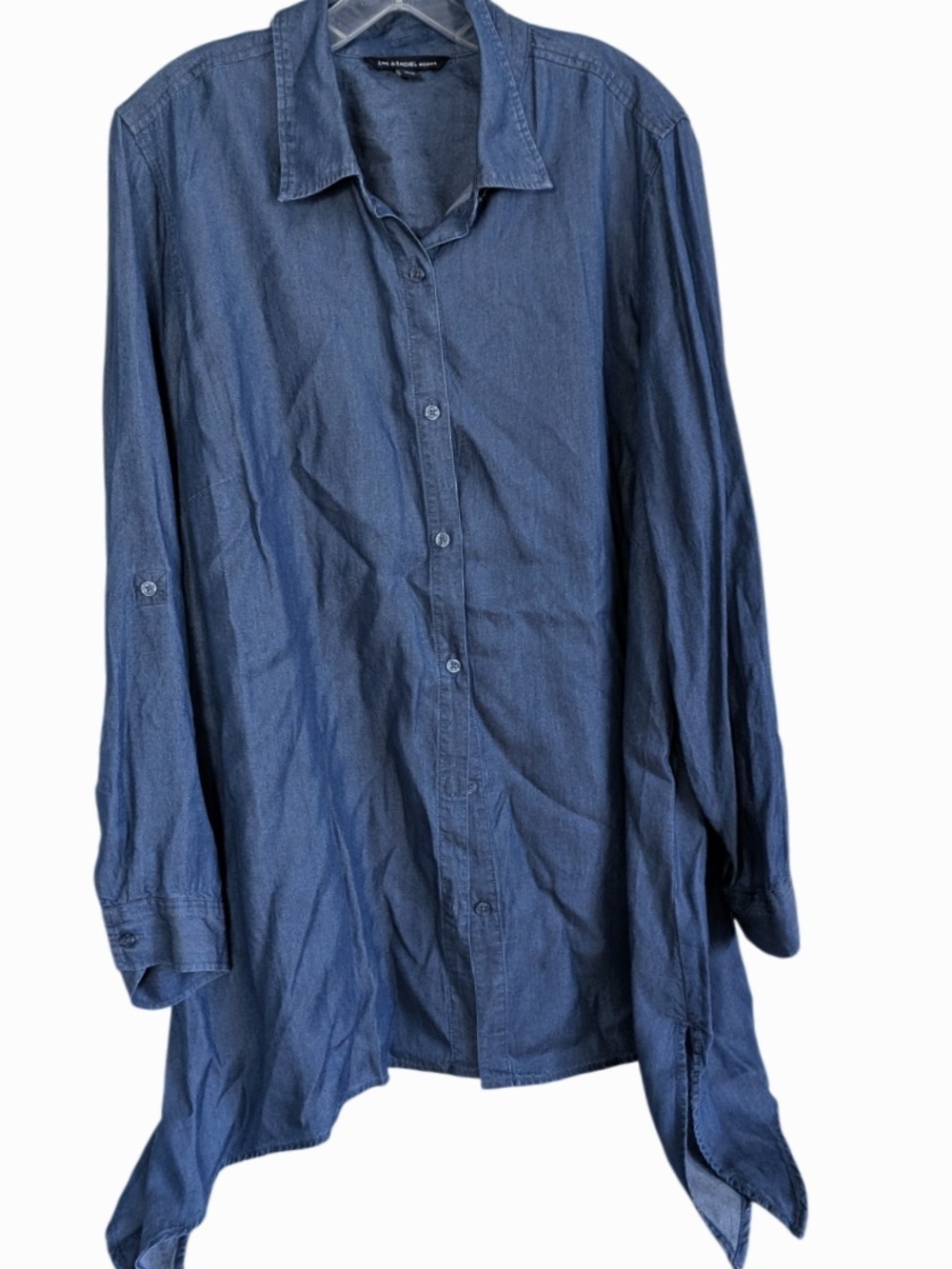 Zac & Rachel Asymmetrical Chambray Tunic Shirt Roll Tab Sleeve 2X